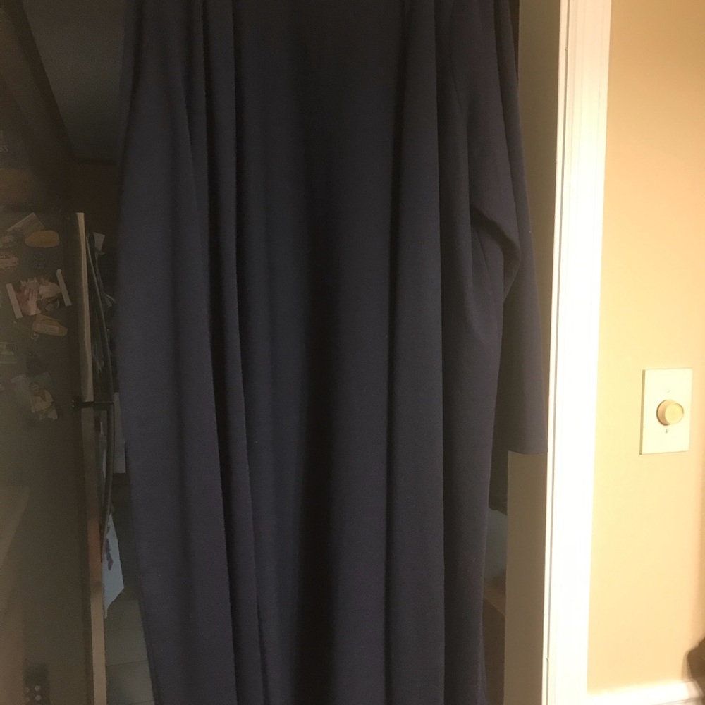 Navy blue mid-calf length button up cardigan. NWOT
